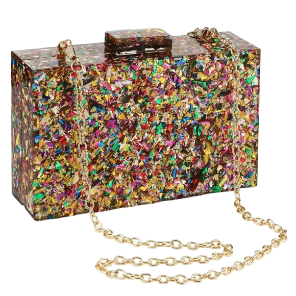 Abstract Glitter Hard Acrylic Clutch Bag Confetti Box Purse Gold Multi Crossbody